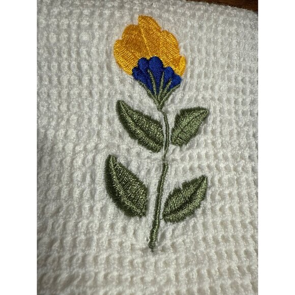 Flower Embroidered Waffle Weave Kitchen Towel With Blue Stripes and Flowers - Picture 3 of 10